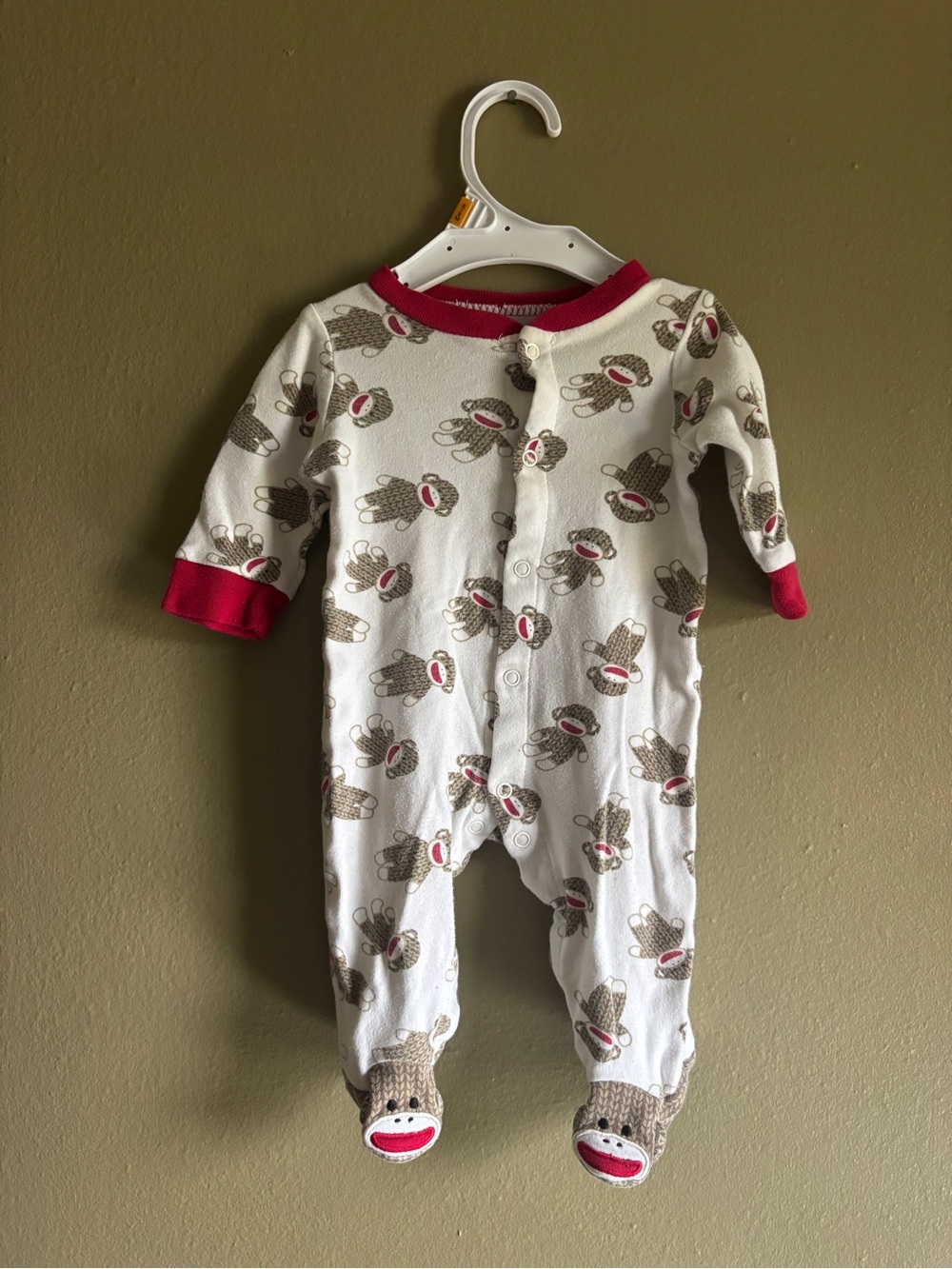 White Sock Monkey Print One-Piece with Red Trim